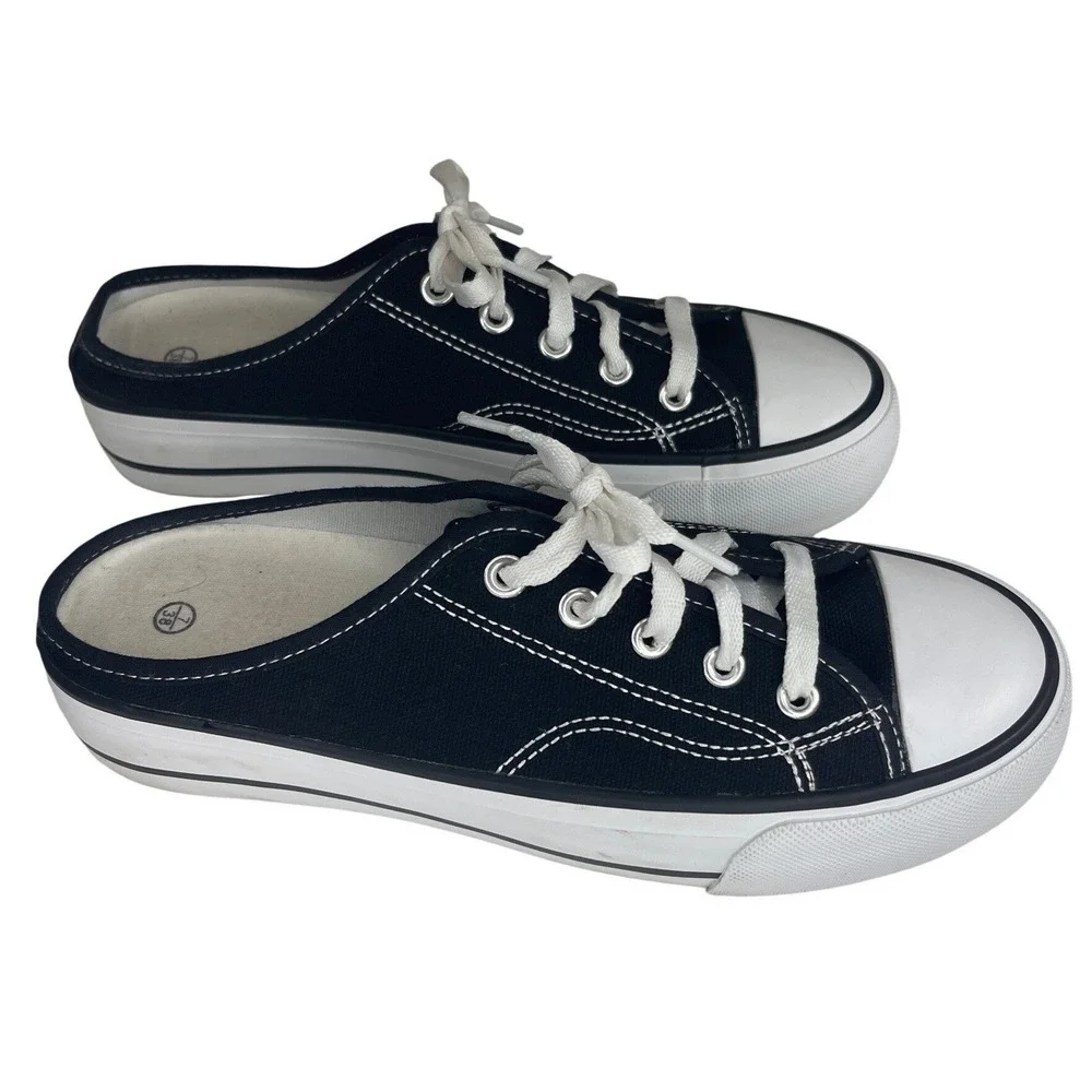 Black Canvas Mule Sneakers Women Size 7 Backless Slip On Low Top Shoes